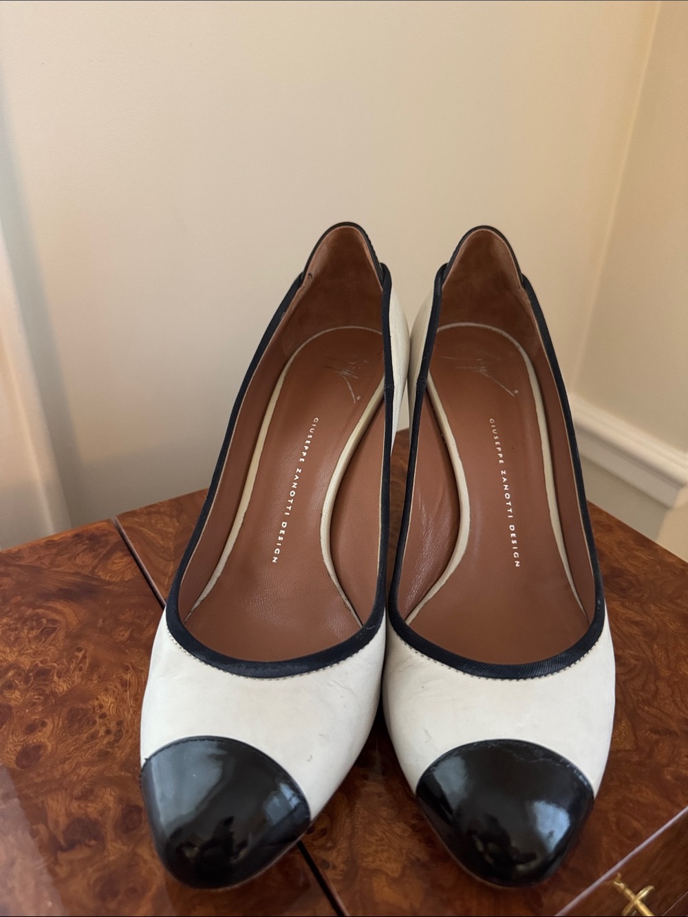 Giuseppe Zanotti White Pumps with Black Patent Cap Toe